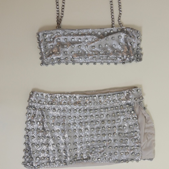‼️SALE‼️ Retrofete Silver Rhinestone Bead Chainmail Skirt Crop Top - Picture 5 of 15